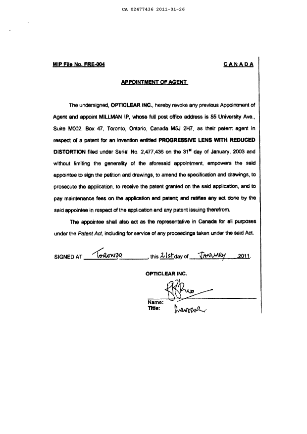 Document de brevet canadien 2477436. Correspondance 20110126. Image 2 de 3