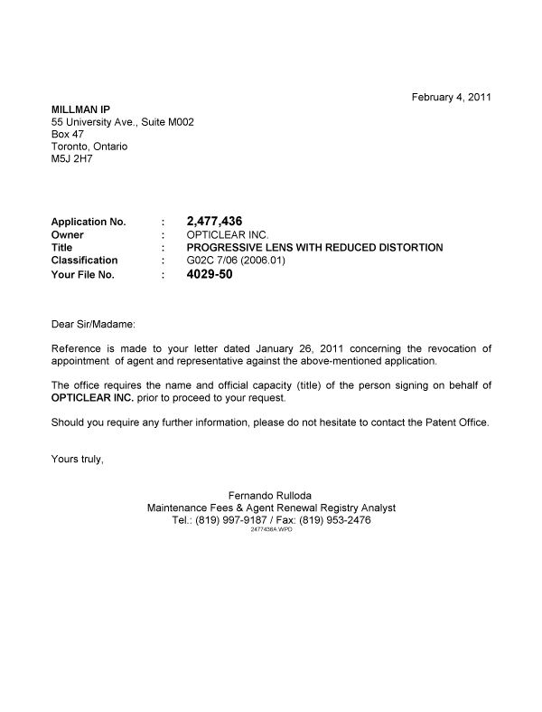 Document de brevet canadien 2477436. Correspondance 20110204. Image 1 de 1