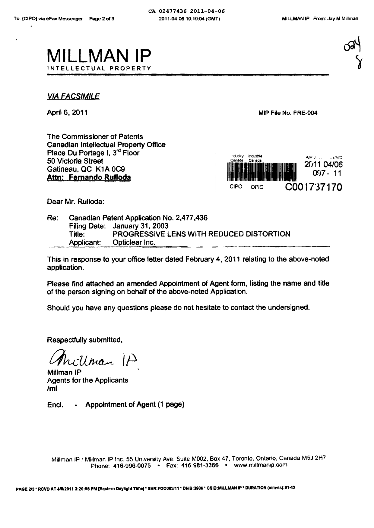 Document de brevet canadien 2477436. Correspondance 20110406. Image 1 de 3