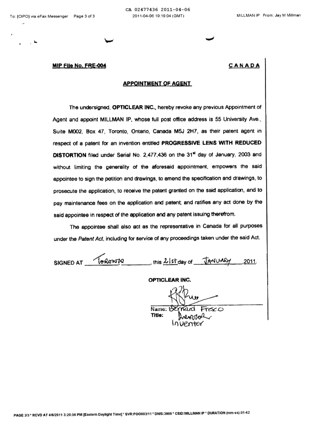 Document de brevet canadien 2477436. Correspondance 20110406. Image 2 de 3
