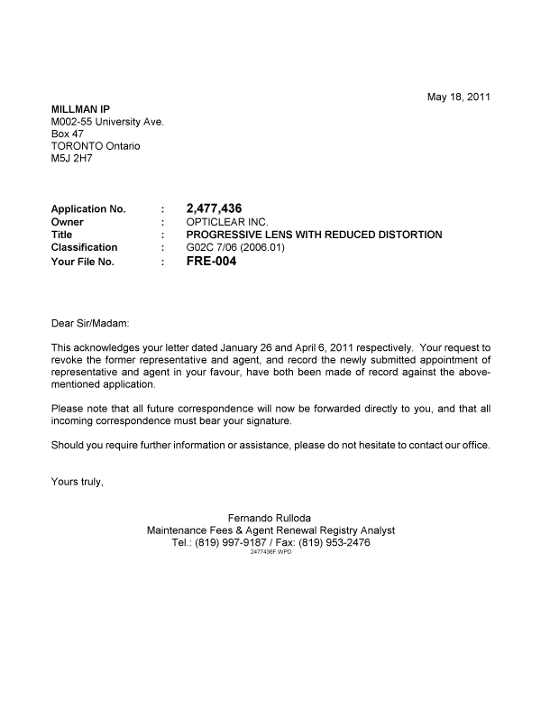 Document de brevet canadien 2477436. Correspondance 20110518. Image 1 de 1