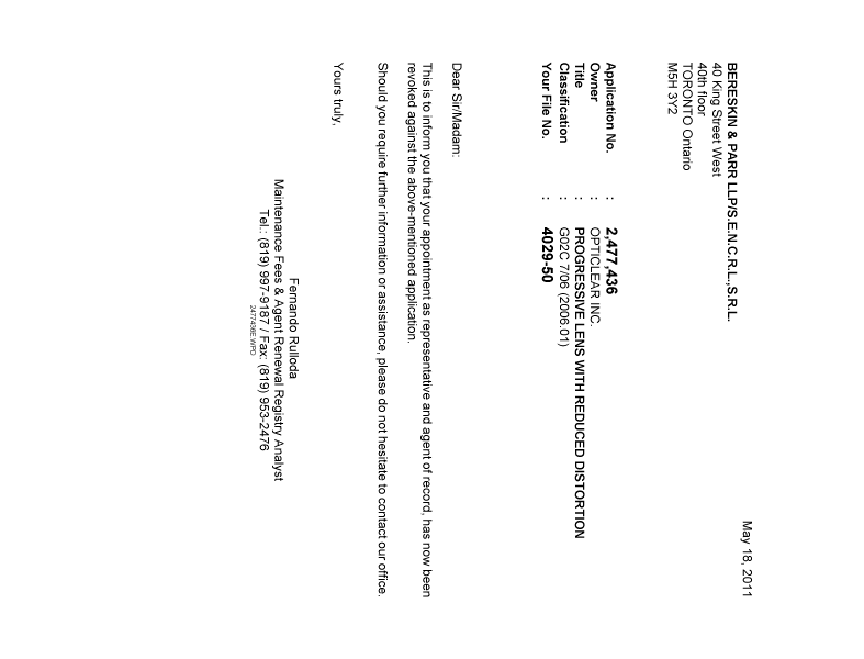 Document de brevet canadien 2477436. Correspondance 20110518. Image 1 de 1