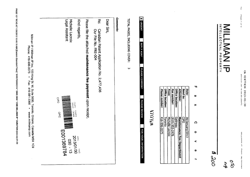 Document de brevet canadien 2477436. Taxes 20130130. Image 1 de 2