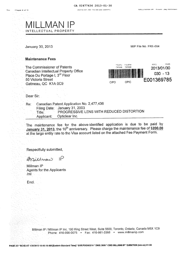 Document de brevet canadien 2477436. Taxes 20130130. Image 2 de 2