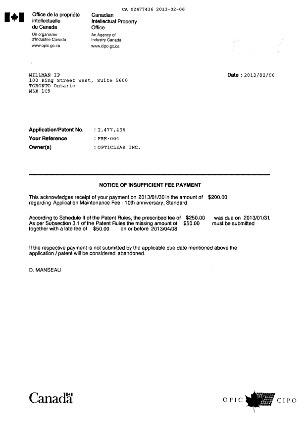 Document de brevet canadien 2477436. Correspondance 20130206. Image 1 de 1