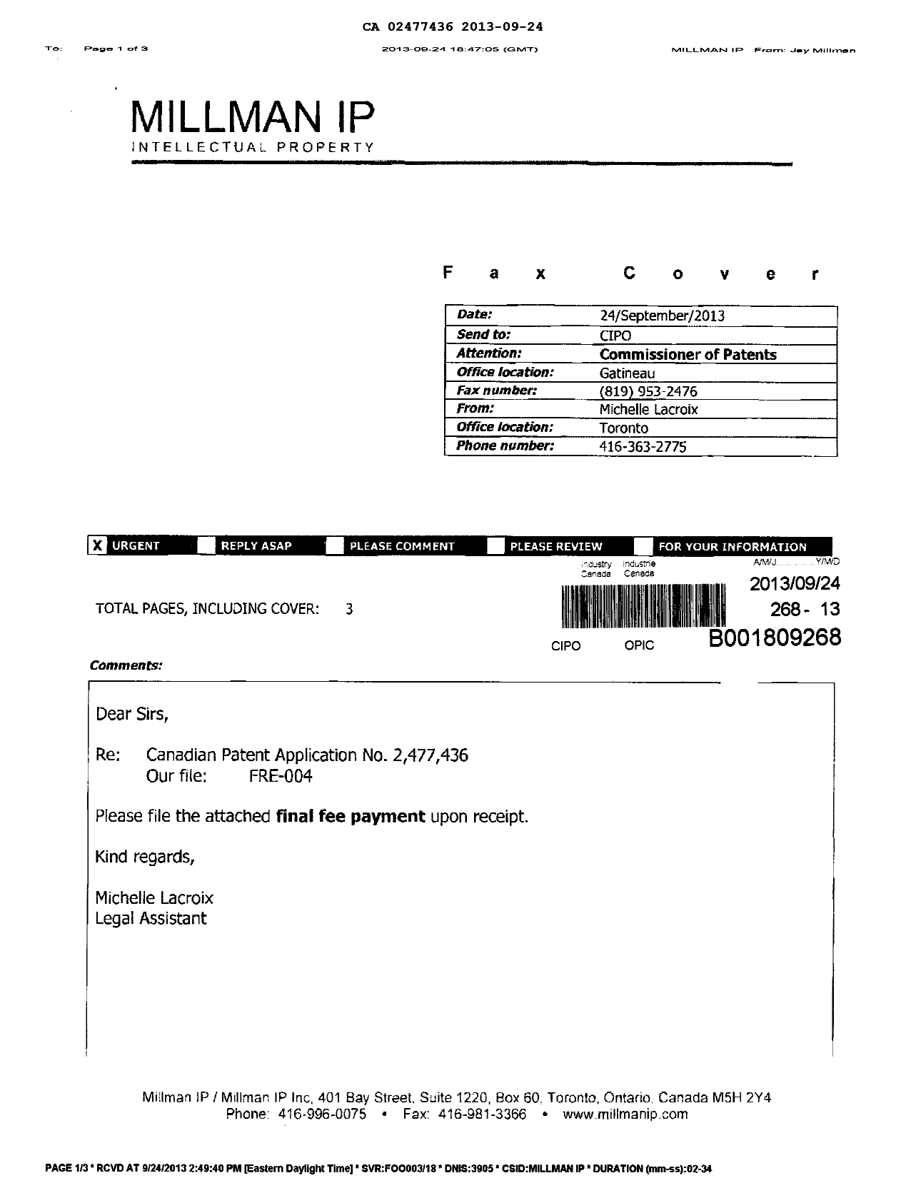 Canadian Patent Document 2477436. Correspondence 20130924. Image 2 of 2