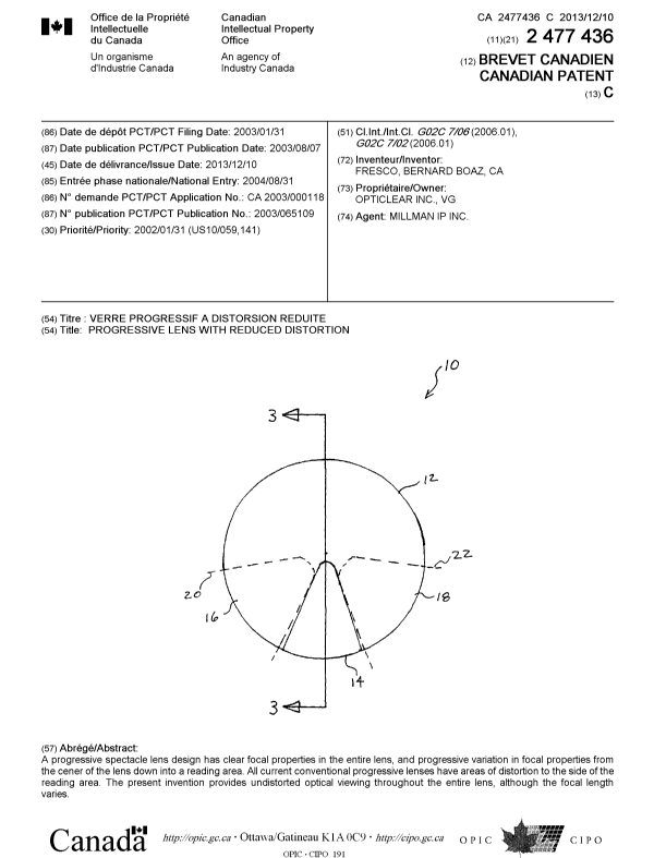 Document de brevet canadien 2477436. Page couverture 20131107. Image 1 de 1