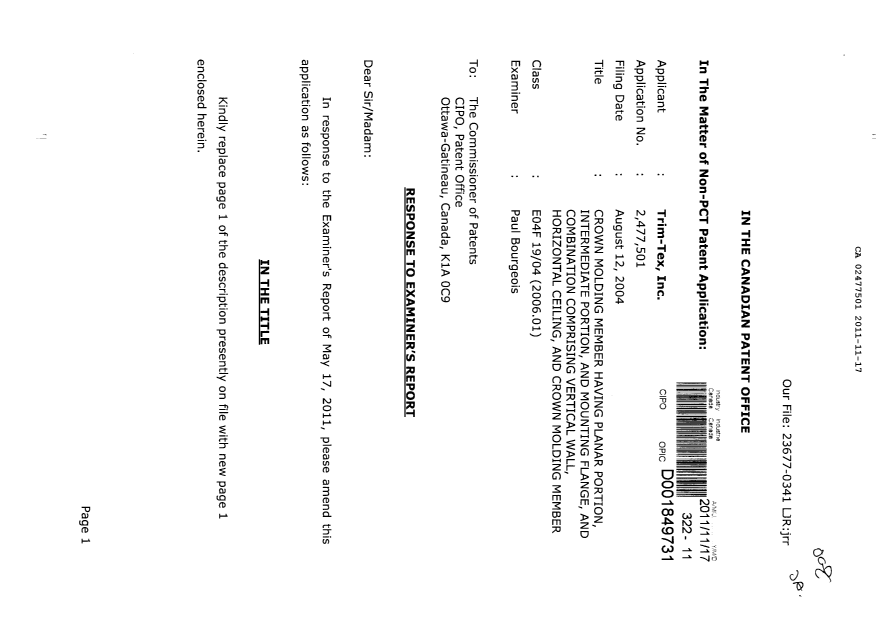 Document de brevet canadien 2477501. Poursuite-Amendment 20111117. Image 1 de 10