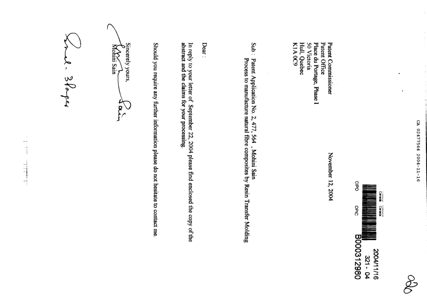 Document de brevet canadien 2477564. Correspondance 20041116. Image 1 de 4