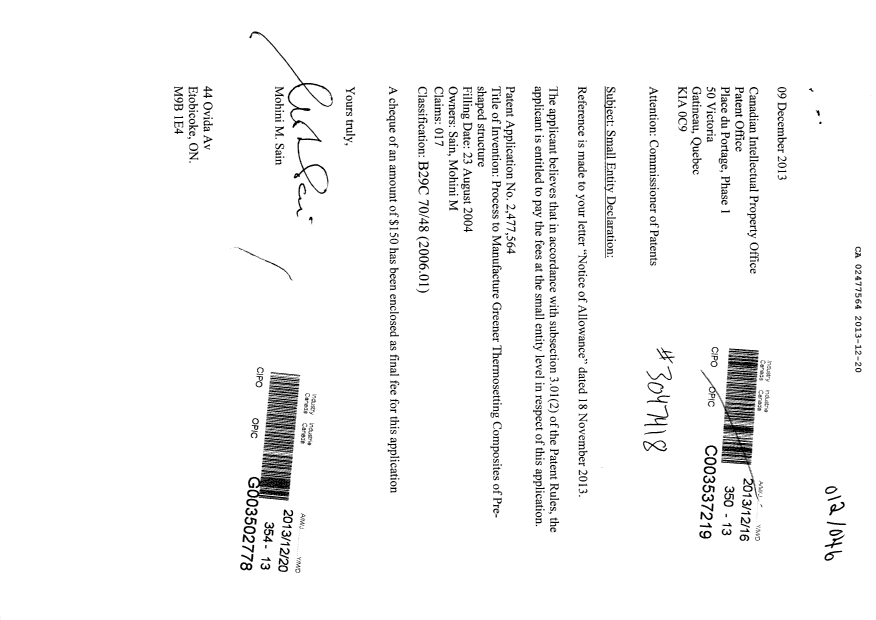 Document de brevet canadien 2477564. Correspondance 20121220. Image 1 de 2