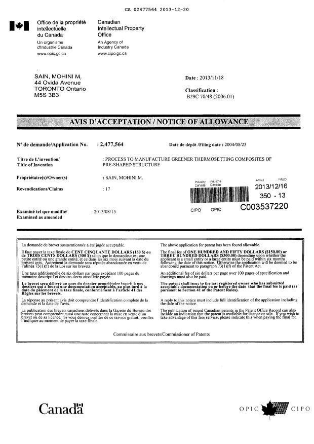 Document de brevet canadien 2477564. Correspondance 20121220. Image 2 de 2