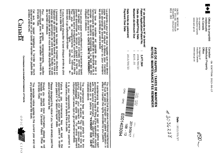 Document de brevet canadien 2477564. Taxes 20130617. Image 1 de 1