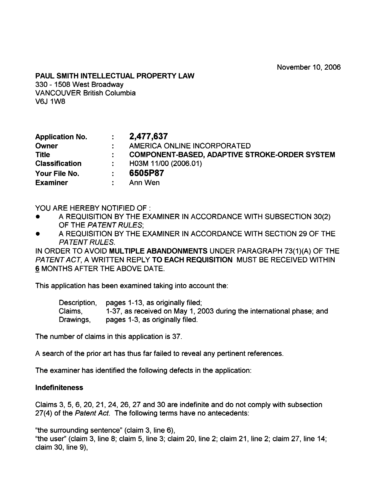 Canadian Patent Document 2477637. Prosecution-Amendment 20061110. Image 1 of 3