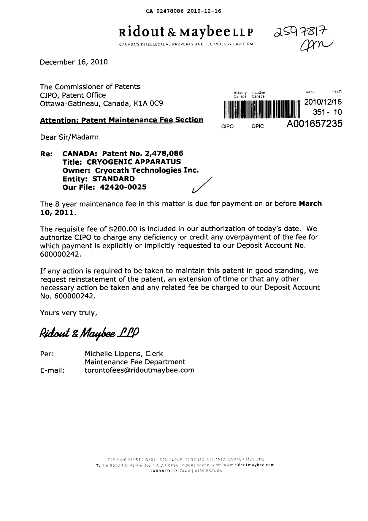 Document de brevet canadien 2478086. Taxes 20101216. Image 1 de 1
