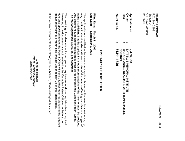 Document de brevet canadien 2478333. Correspondance 20041104. Image 1 de 1