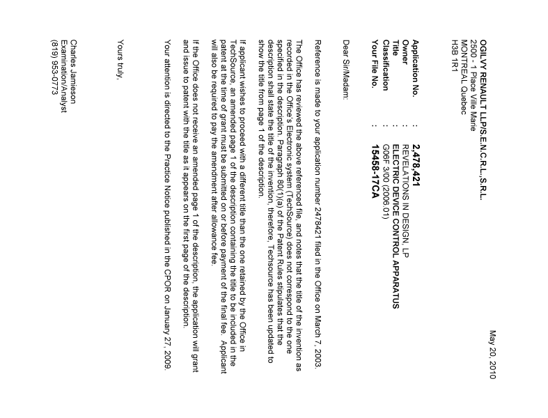 Document de brevet canadien 2478421. Correspondance 20100520. Image 1 de 1