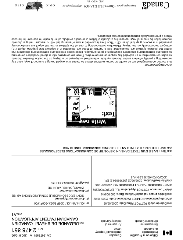Document de brevet canadien 2478851. Page couverture 20031210. Image 1 de 1