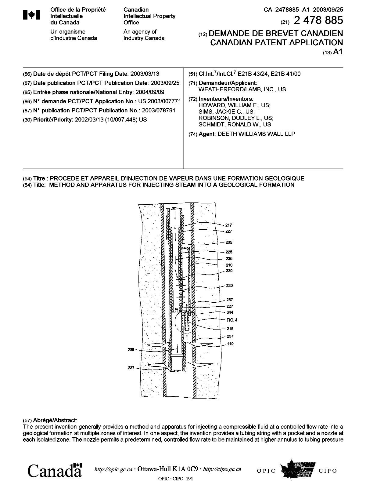 Document de brevet canadien 2478885. Page couverture 20041110. Image 1 de 2