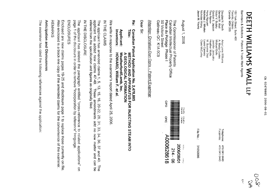 Document de brevet canadien 2478885. Poursuite-Amendment 20060801. Image 1 de 18