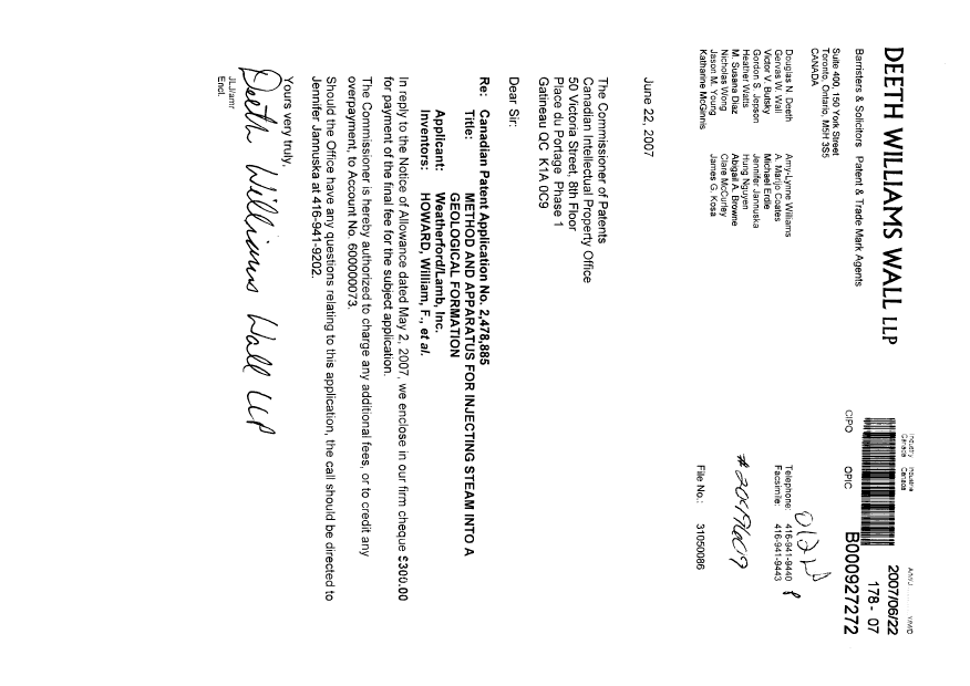 Document de brevet canadien 2478885. Correspondance 20070622. Image 1 de 1