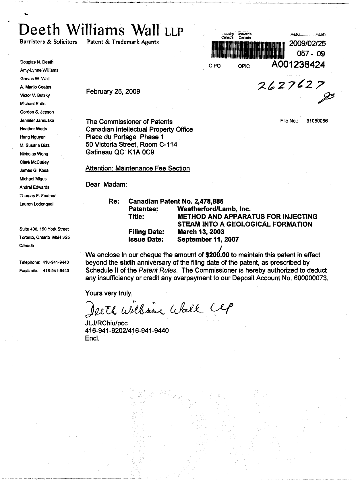 Document de brevet canadien 2478885. Taxes 20090225. Image 1 de 1
