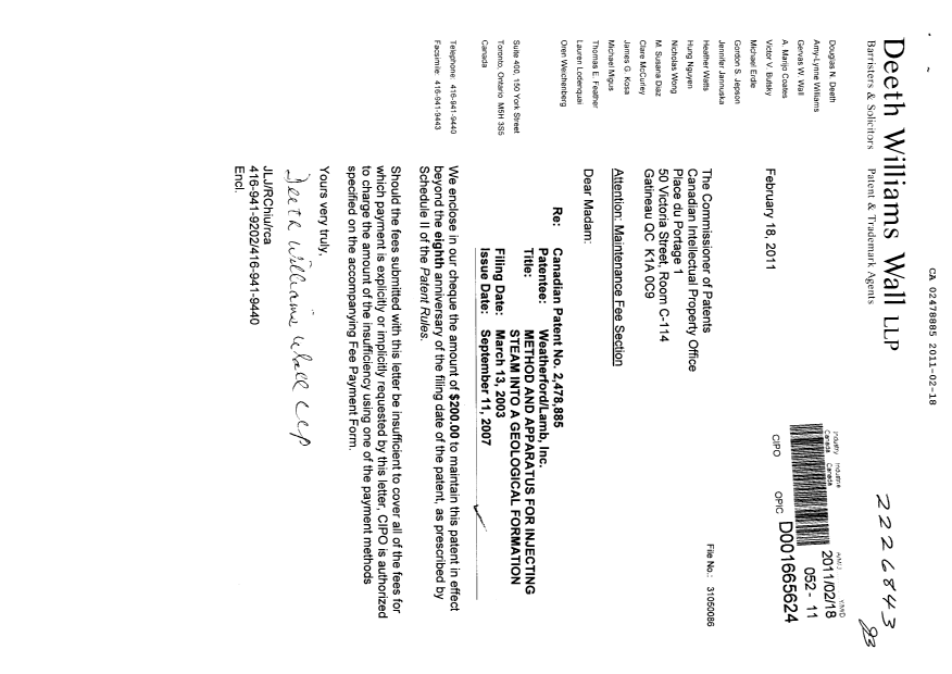 Document de brevet canadien 2478885. Taxes 20110218. Image 1 de 1