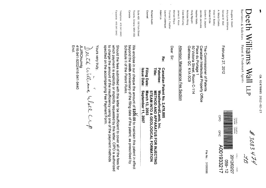 Document de brevet canadien 2478885. Taxes 20120227. Image 1 de 1