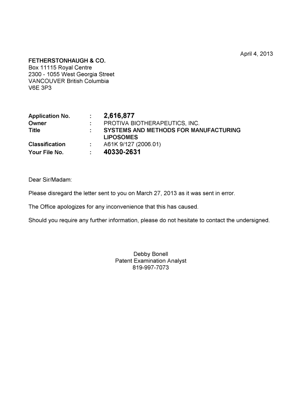 Document de brevet canadien 2479017. Correspondance 20130404. Image 1 de 1
