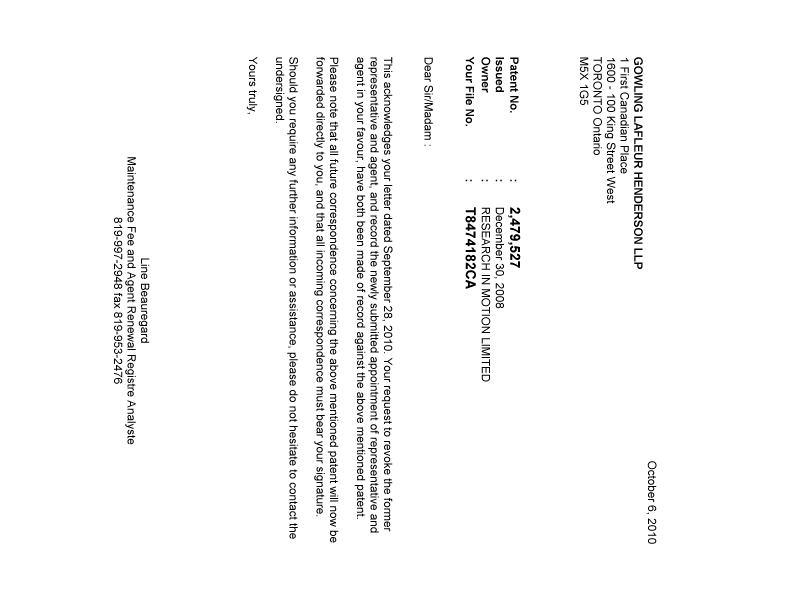 Document de brevet canadien 2479527. Correspondance 20101006. Image 1 de 1