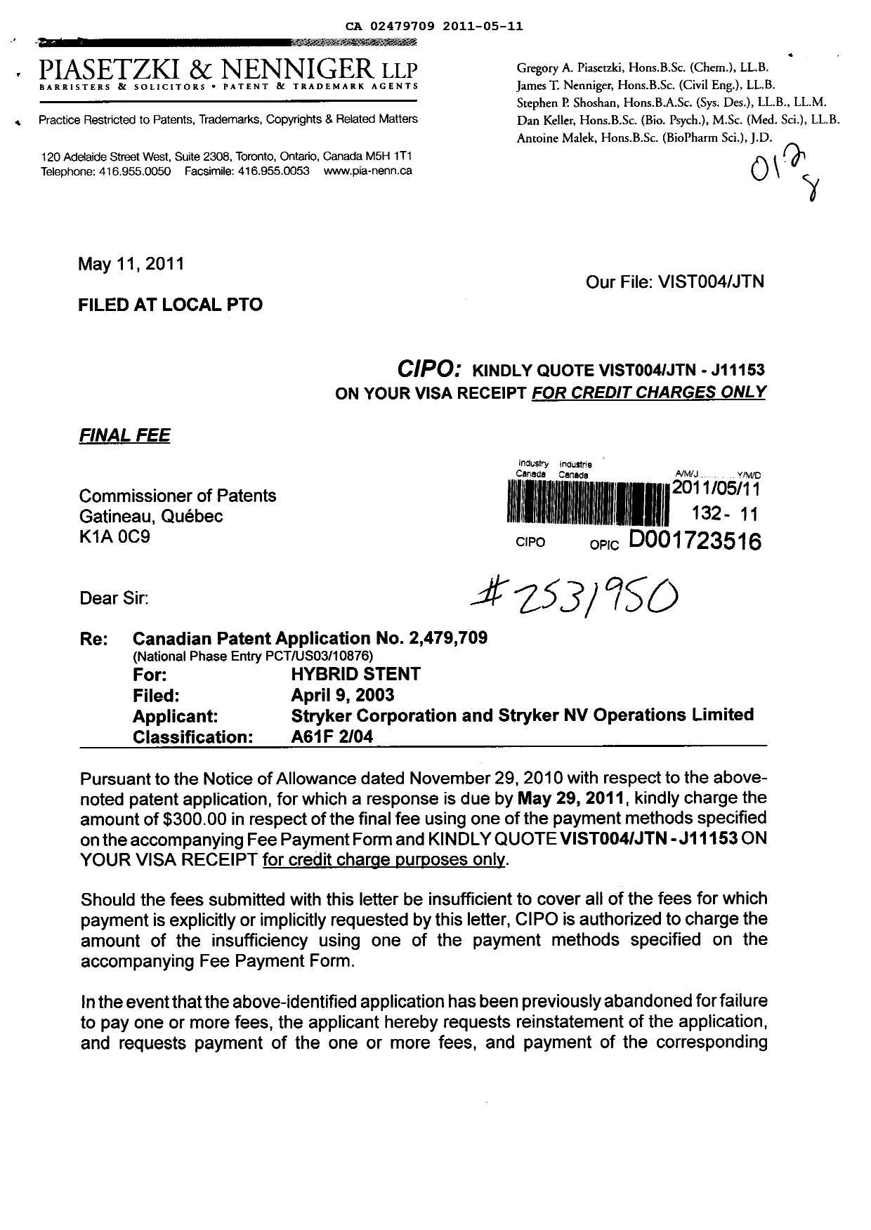 Document de brevet canadien 2479709. Correspondance 20110511. Image 1 de 2