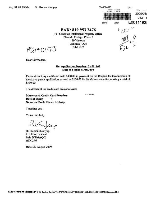 Document de brevet canadien 2479863. Poursuite-Amendment 20090831. Image 1 de 1