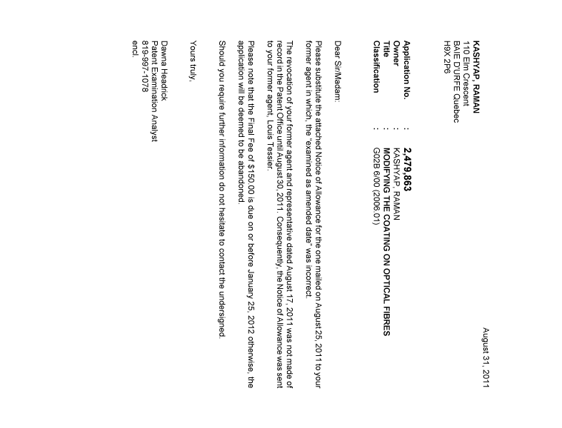 Document de brevet canadien 2479863. Correspondance 20110831. Image 1 de 1