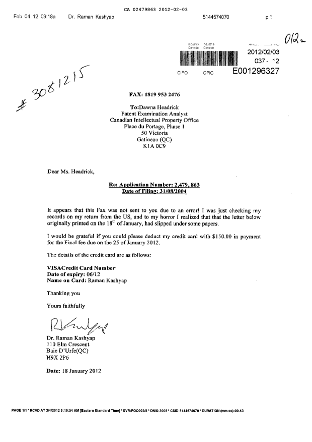 Document de brevet canadien 2479863. Correspondance 20120203. Image 1 de 1