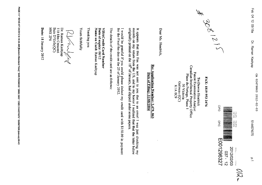 Document de brevet canadien 2479863. Correspondance 20120203. Image 1 de 1