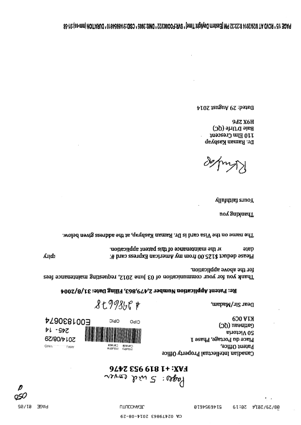 Canadian Patent Document 2479863. Fees 20140829. Image 1 of 2