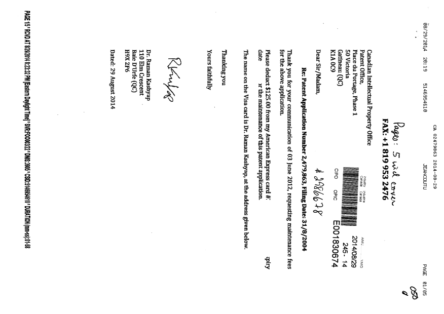 Document de brevet canadien 2479863. Taxes 20140829. Image 1 de 2