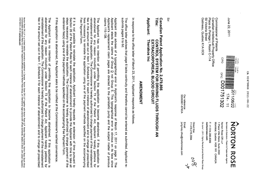 Canadian Patent Document 2479866. Prosecution-Amendment 20110622. Image 1 of 7