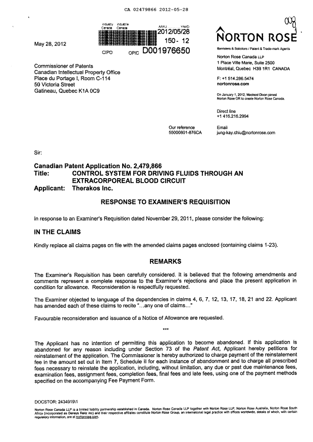 Document de brevet canadien 2479866. Poursuite-Amendment 20120528. Image 1 de 9