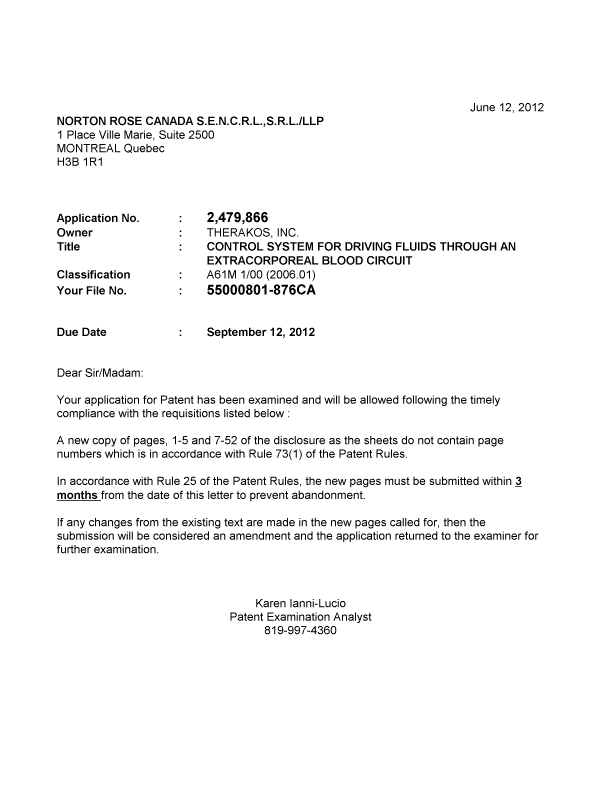 Document de brevet canadien 2479866. Correspondance 20120612. Image 1 de 1