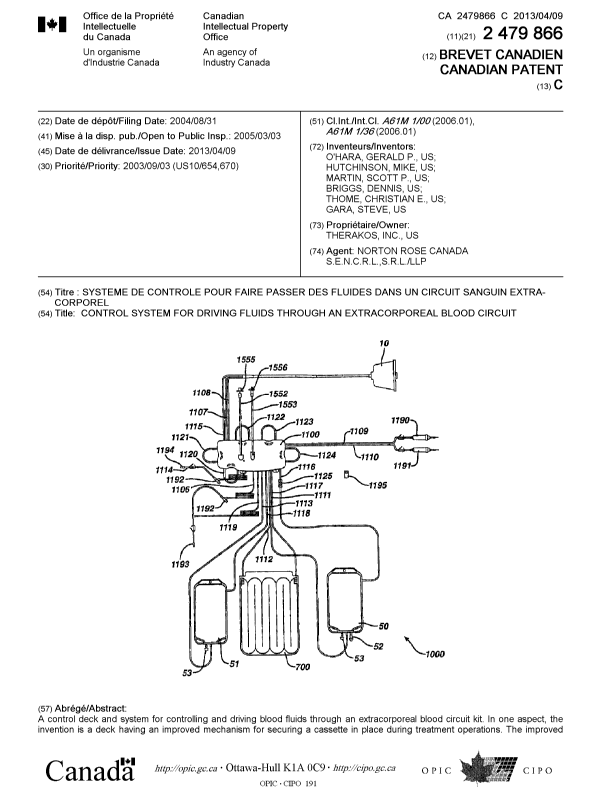 Document de brevet canadien 2479866. Page couverture 20130312. Image 1 de 2