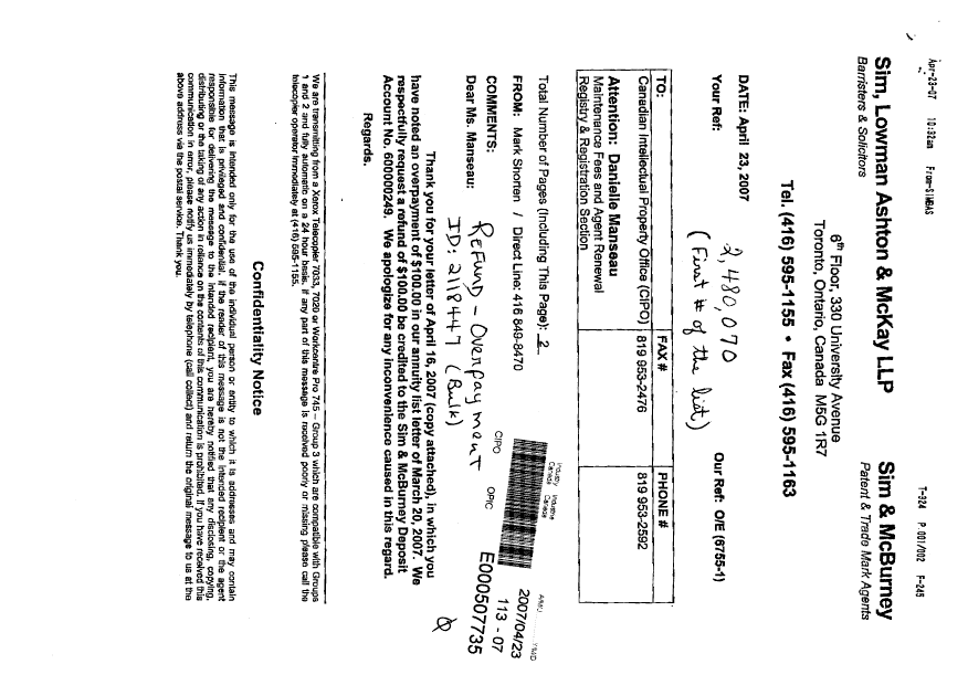 Canadian Patent Document 2480070. Correspondence 20070423. Image 1 of 1