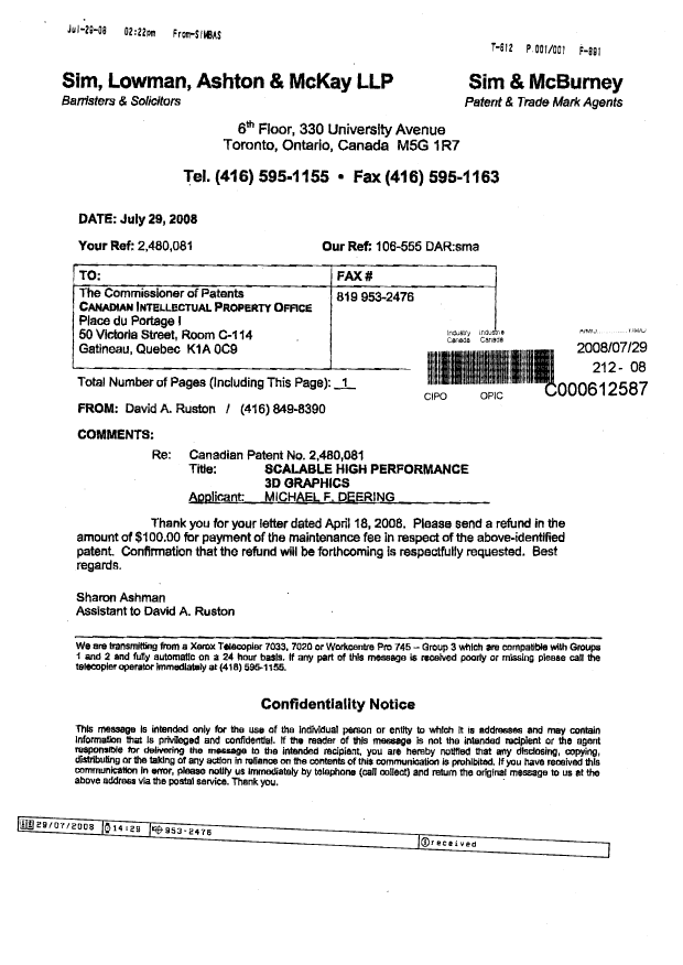Document de brevet canadien 2480081. Correspondance 20071229. Image 1 de 1