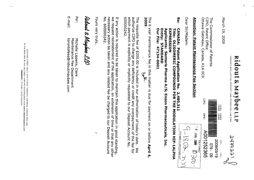 Document de brevet canadien 2480311. Taxes 20090319. Image 1 de 1