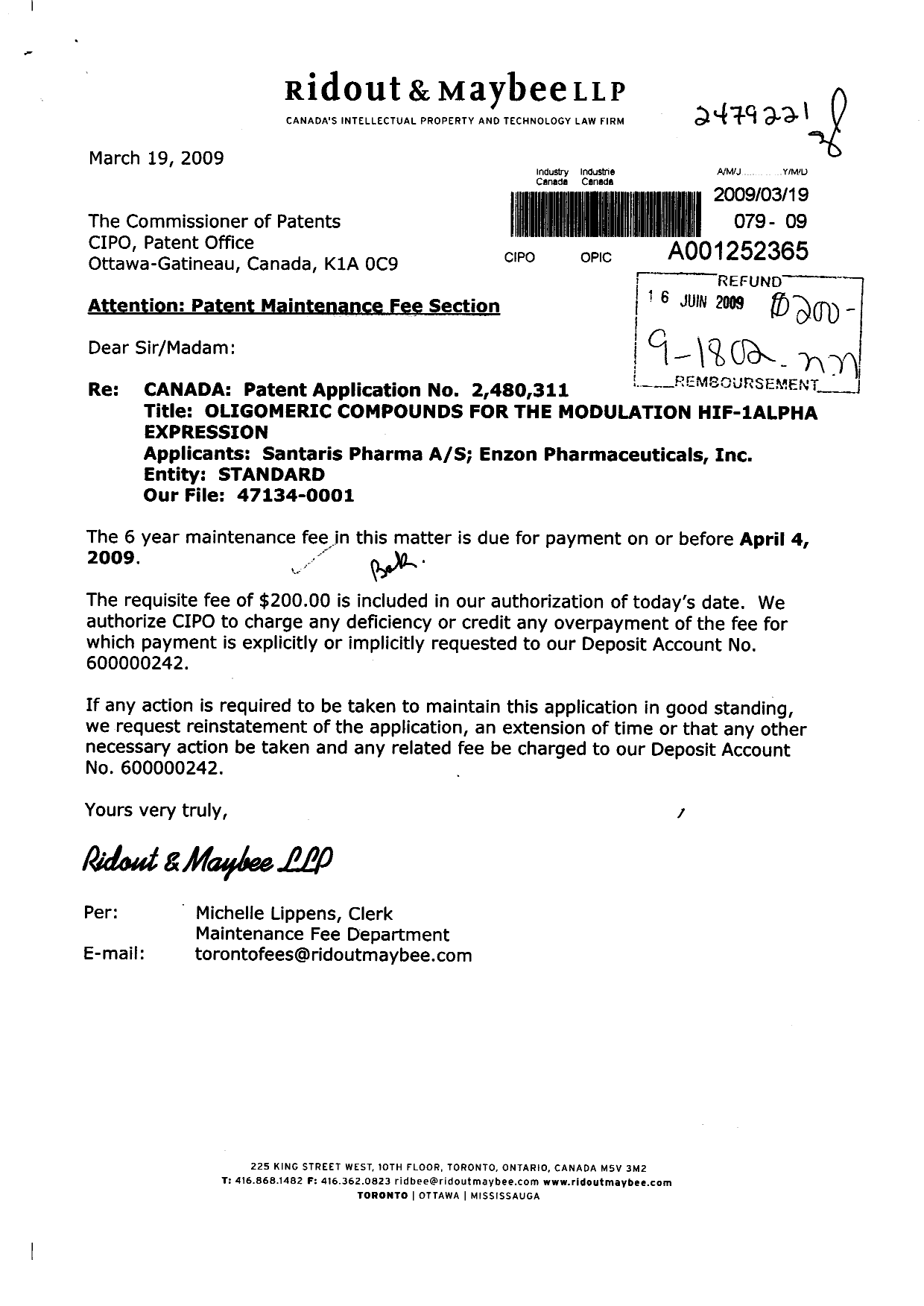 Document de brevet canadien 2480311. Taxes 20090319. Image 1 de 1