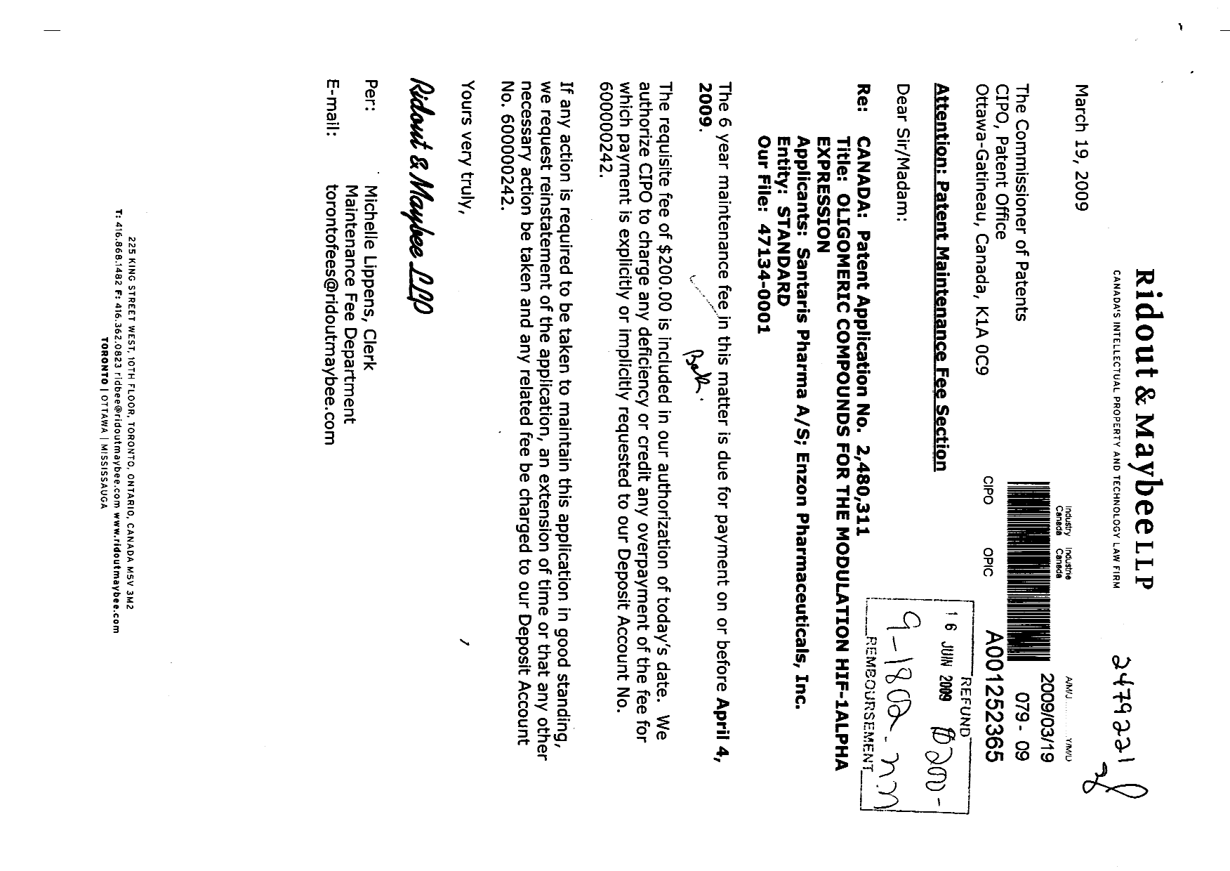 Canadian Patent Document 2480311. Fees 20090319. Image 1 of 1