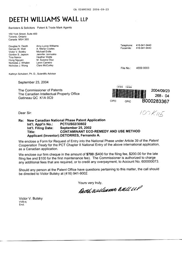 Document de brevet canadien 2480362. Cession 20040923. Image 1 de 3