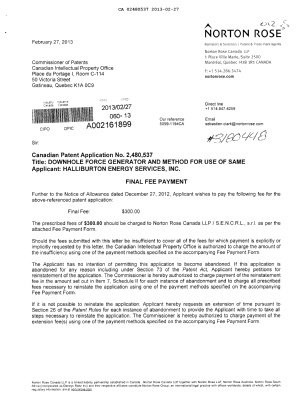 Document de brevet canadien 2480537. Correspondance 20130227. Image 1 de 2
