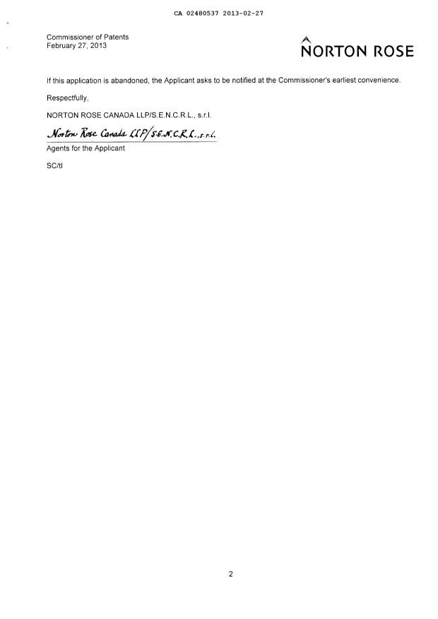 Document de brevet canadien 2480537. Correspondance 20130227. Image 2 de 2