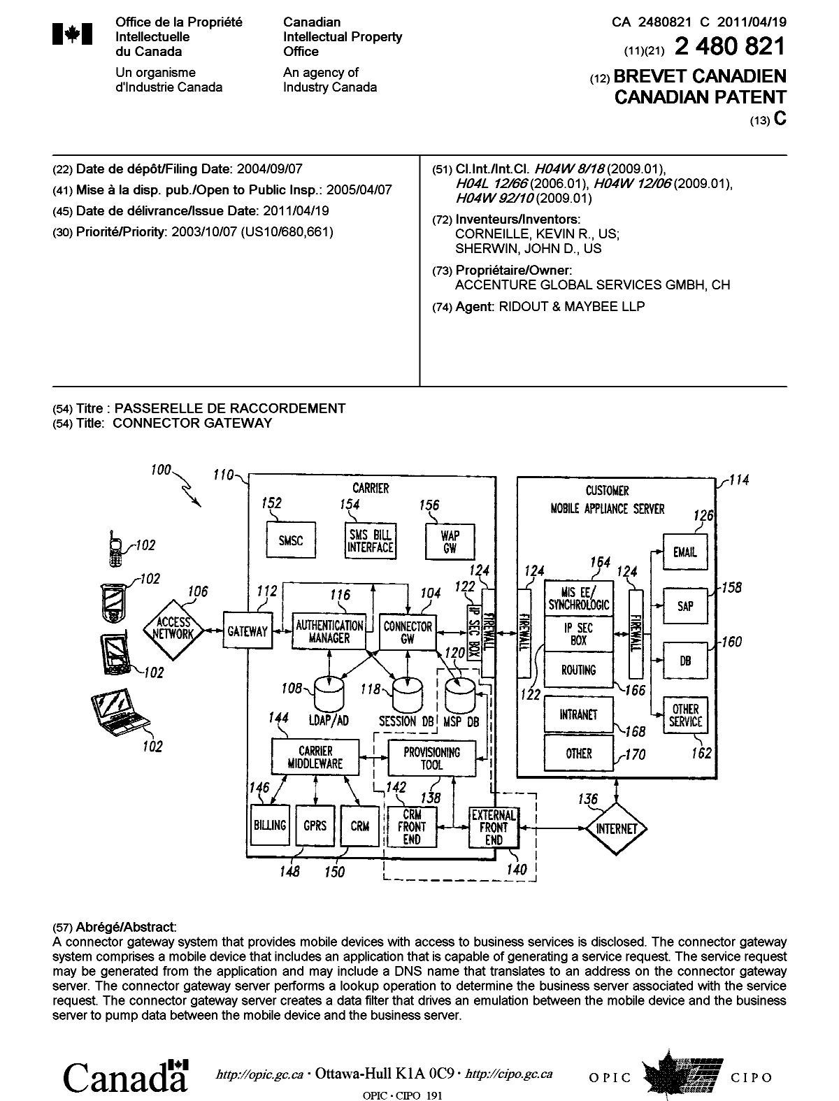 Document de brevet canadien 2480821. Page couverture 20101221. Image 1 de 1