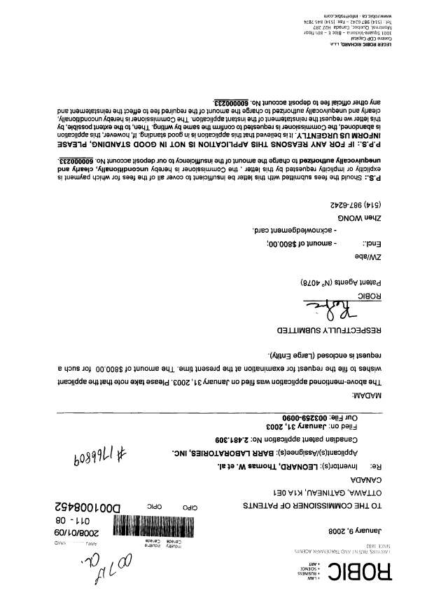 Canadian Patent Document 2481309. Prosecution-Amendment 20080109. Image 1 of 1
